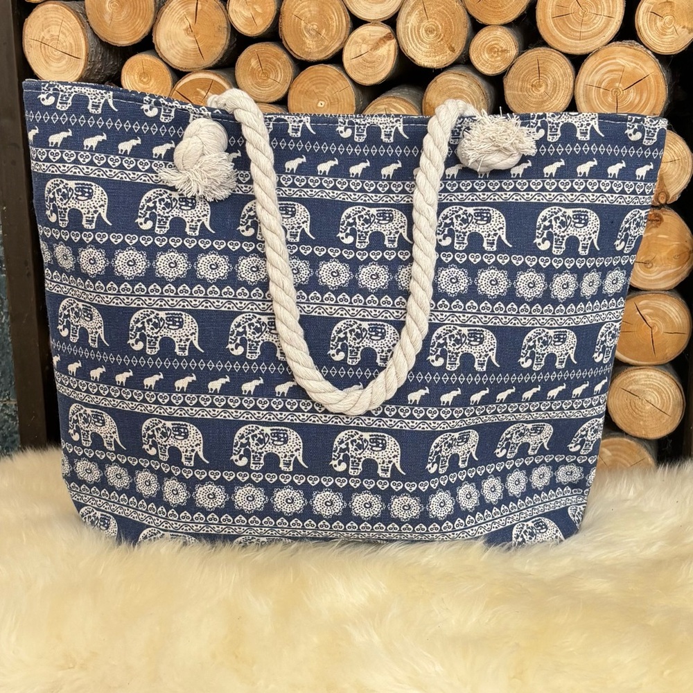 Elephant Print Canvas Tote Bag in Navy and White - Picture 8 of 10